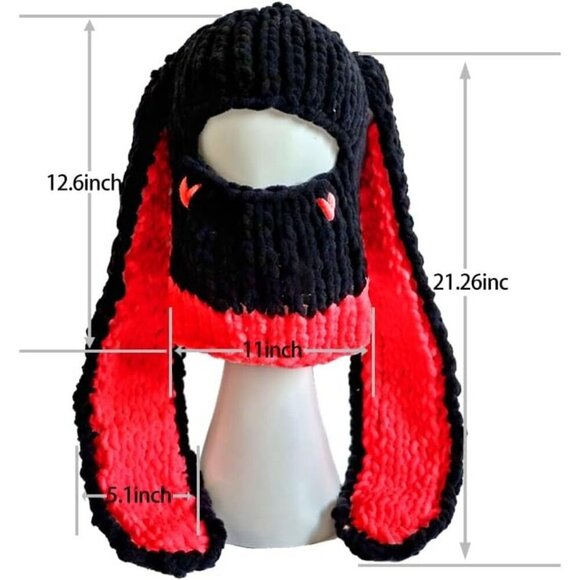 Women's Black Red Bunny Hat Knit Plush Long Ears Fluffy Cosplay Party Hat - Picture 2 of 4